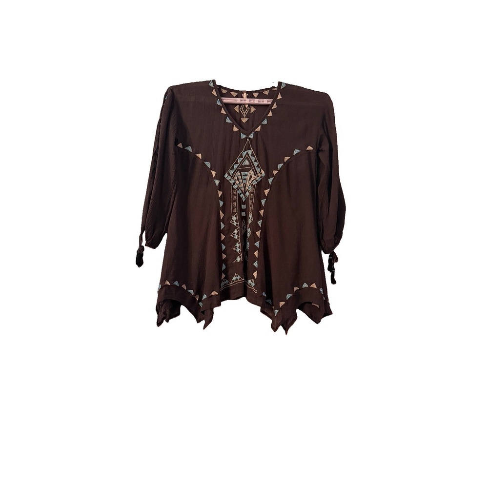 Free People Aztec Embroidered Cotton Gauze Blouse Top XS Oversized Beaded Boho